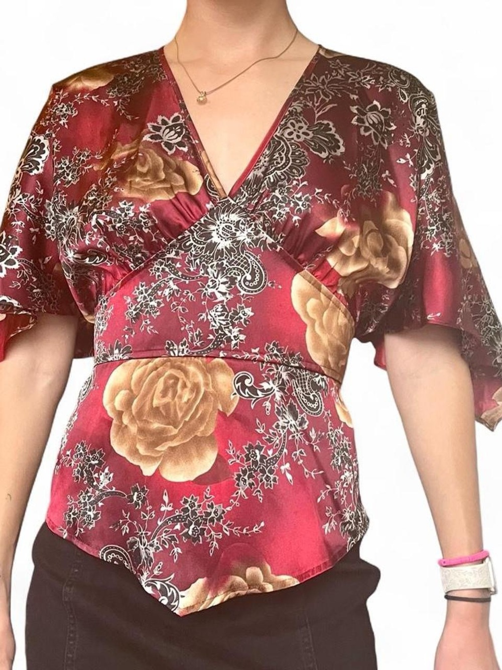 Vintage Women's Burgundy Floral Tie Back Blouse